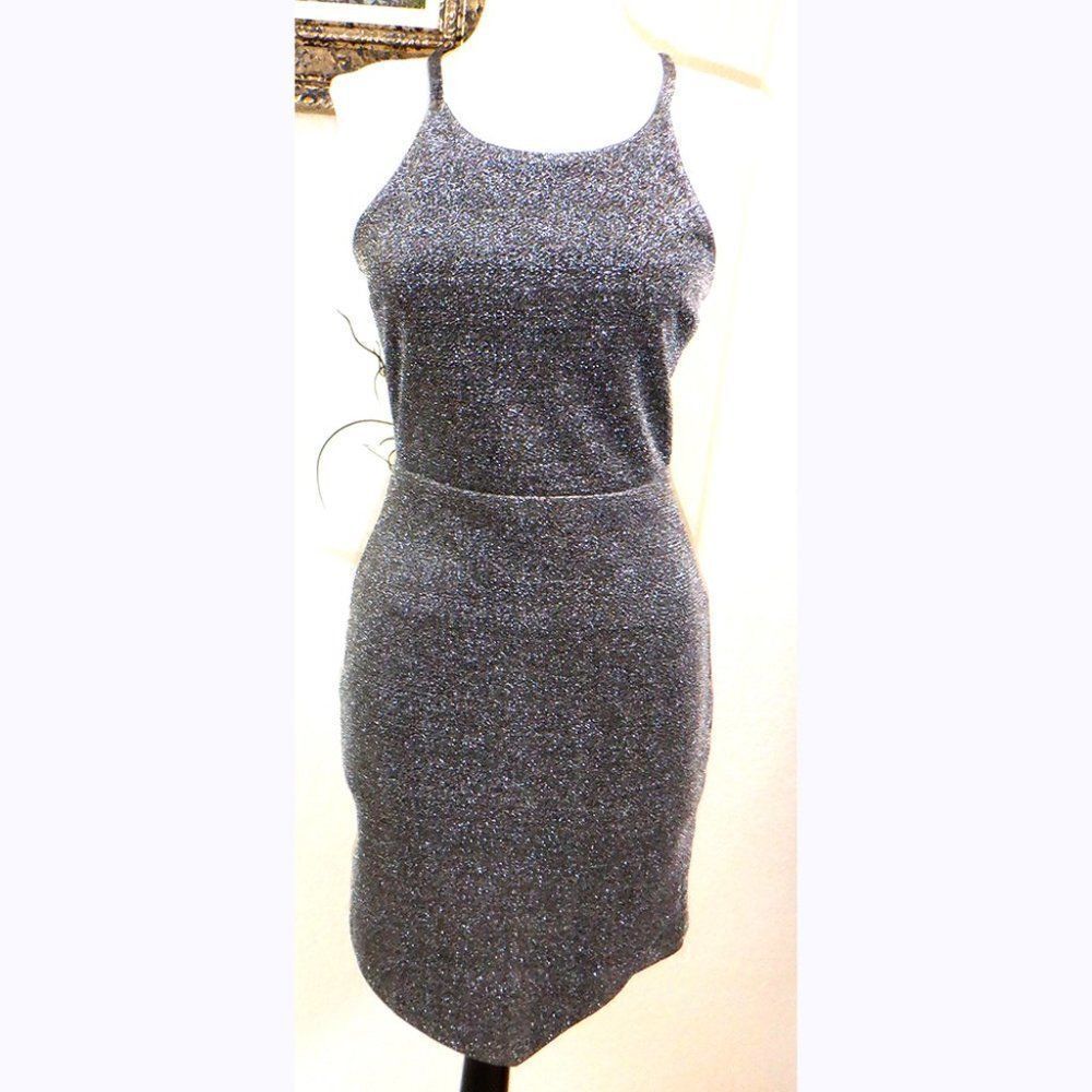 Express silver metallic glitter asymmetrical dress